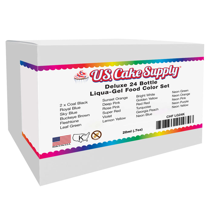 US Cake Supply by Chefmaster Liqua-Gel Cake Color Set - 24 Colors in 0.7 fl. oz. (20ml) Bottles - 12 Primary & 12 Secondary Set B Colors