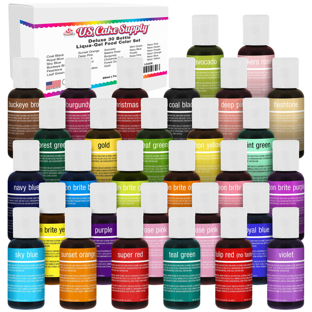 30 Color Cake Food Coloring Liqua-Gel Decorating Baking Deluxe Set - 0.75 fl. oz. (20ml) Bottles - Made in the U.S.A.