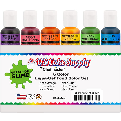 6 Neon Colors Food and Slime Coloring Liqua-Gel Decorating Kit U.S. Art Supply Food Grade, 0.75 fl. oz. (20ml) Bottles, Non-Toxic Neon Colors