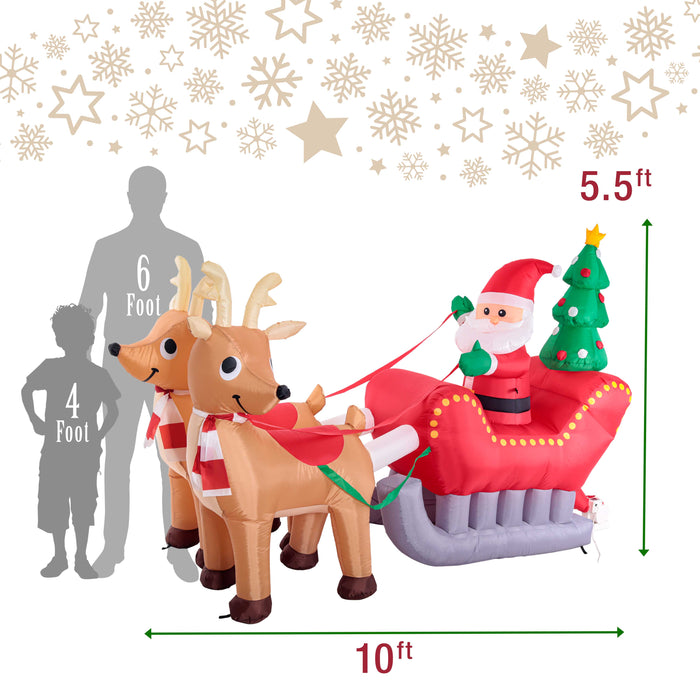 10 Foot Long Inflatable Santa Claus On Sleigh with Reindeer, Christmas Tree - Indoor Outdoor Yard Lawn Decoration with LED Lights - Cute Fun Merry Xmas Holiday Party Blow Up