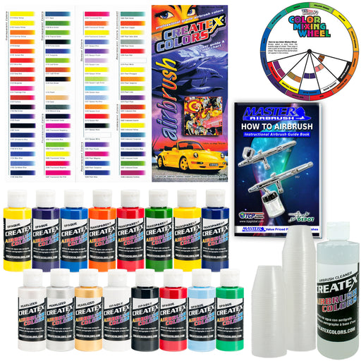 Super 16 Color Starter Kit - Pack of 50 - 1 Ounce Paint Mixing Cups, Airbrush Book, Createx Color Chart of all 80 Colors and Color Mixing Wheel