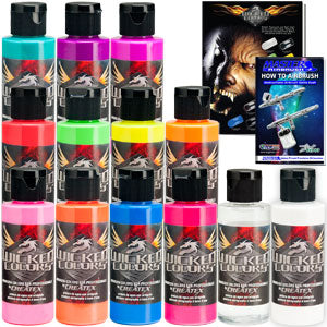 11 Color & Reducer Wicked Fluorescent Airbrush Paint Set, 2 oz. Bottles