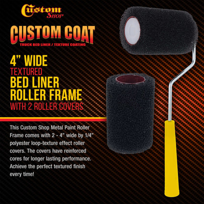 Paint Roller Frame with 2 - 4" x 1/4" Textured Bed Liner Roller Covers - For Roll-On Custom Coat Truck Bedliner Application