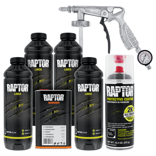 Raptor 1 Gallon Kit - Black Urethane Spray-On Truck Bed Liner Kit Custom Coat Spray Gun with Regulator - Bonus Aerosol Bedliner Can