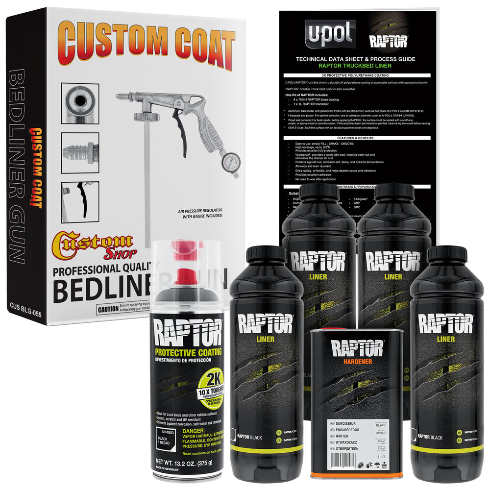 Raptor 1 Gallon Kit - Black Urethane Spray-On Truck Bed Liner Kit Custom Coat Spray Gun with Regulator - Bonus Aerosol Bedliner Can