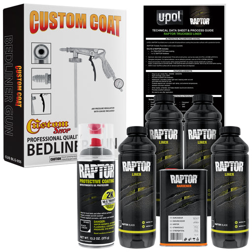 Raptor 1 Gallon Kit - Black Urethane Spray-On Truck Bed Liner Kit Custom Coat Spray Gun with Regulator - Bonus Aerosol Bedliner Can