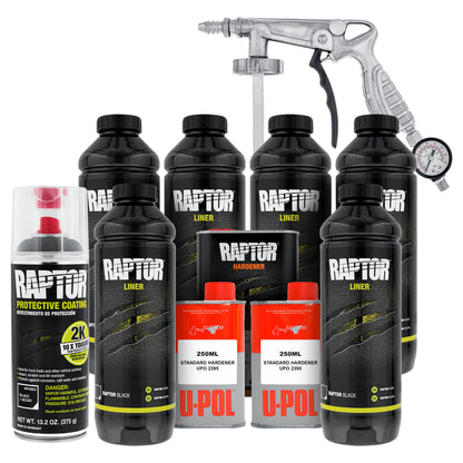 Raptor 1.5 Gallon Kit - Black Urethane Spray-On Truck Bed Liner Kit with Custom Coat Spray Gun with Regulator - Bonus Aerosol Bedliner Can