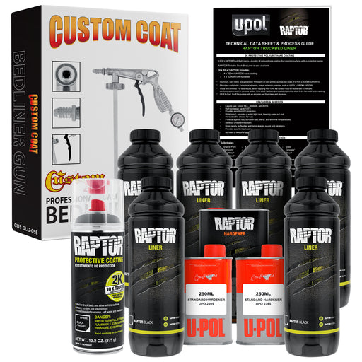 Raptor 1.5 Gallon Kit - Black Urethane Spray-On Truck Bed Liner Kit with Custom Coat Spray Gun with Regulator - Bonus Aerosol Bedliner Can