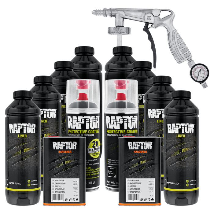 Raptor 2 Gallon Kit - Black Urethane Spray-On Truck Bed Liner Kit with Custom Coat Spray Gun with Regulator - Bonus 2 Bedliner Aerosol Cans