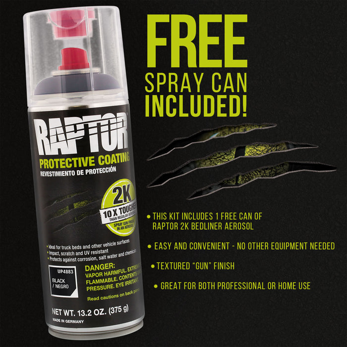 Raptor 2 Gallon Kit - Black Urethane Spray-On Truck Bed Liner Kit with Custom Coat Spray Gun with Regulator - Bonus 2 Bedliner Aerosol Cans