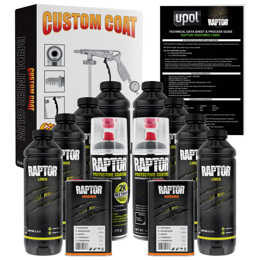 Raptor 2 Gallon Kit - Black Urethane Spray-On Truck Bed Liner Kit with Custom Coat Spray Gun with Regulator - Bonus 2 Bedliner Aerosol Cans