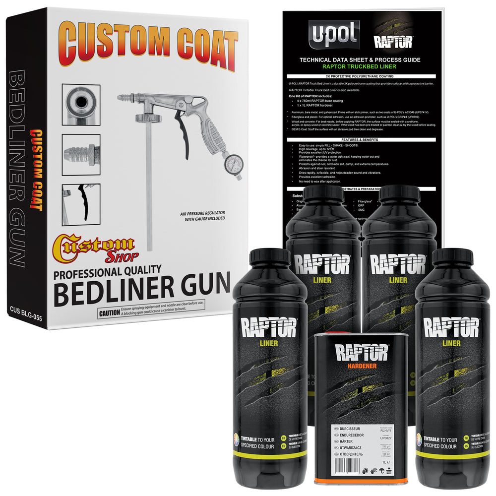 Raptor Tintable Urethane Spray-On Truck Bed Liner Kit with Custom Coat Spray Gun with Regulator, 1 Gallon Kit