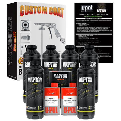 U-POL Raptor Tintable Urethane Spray-On Truck Bed Liner Kit with Custom Coat Spray Gun with Regulator, 6 Quart Kit