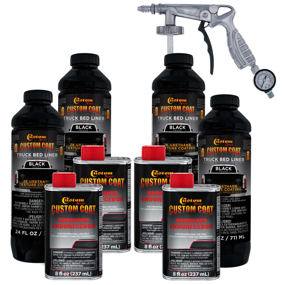 Black 1 Gallon Urethane Spray-On Truck Bed Liner Kit with Spray Gun and Regulator - 3:1 Mix Ratio - Mix, Shake & Shoot - Textured Protective Coating