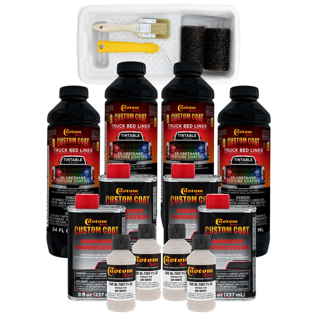 GM White 1 Gallon Urethane Roll-On, Brush-On or Spray-On Truck Bed Liner Kit with Roller & Brush Applicator Kit - Mix, Shake, Shoot - Textured Coating