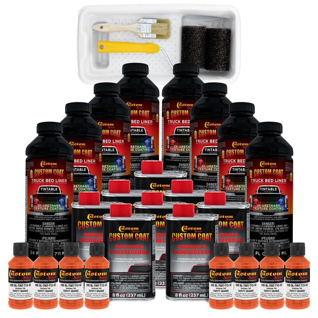 Safety Orange 2 Gallon Urethane Roll-On, Brush-On or Spray-On Truck Bed Liner Kit with Roller and Brush Applicator Kit - Textured Protective Coating