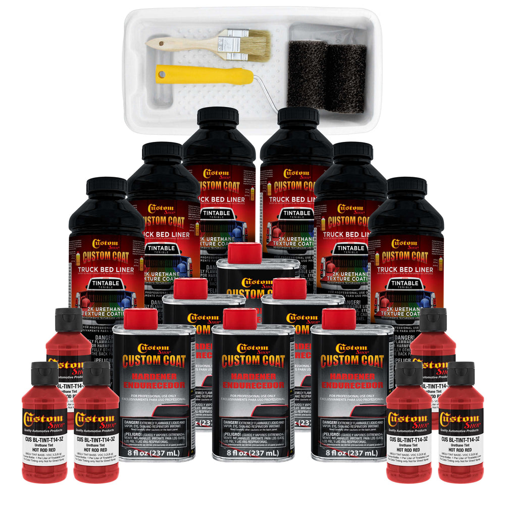 Hot Rod Red 1.5 Gallon (6 Quart) Urethane Roll-On, Brush-On or Spray-On Truck Bed Liner Kit with Roller and Brush Applicator Kit - Easy Mixing