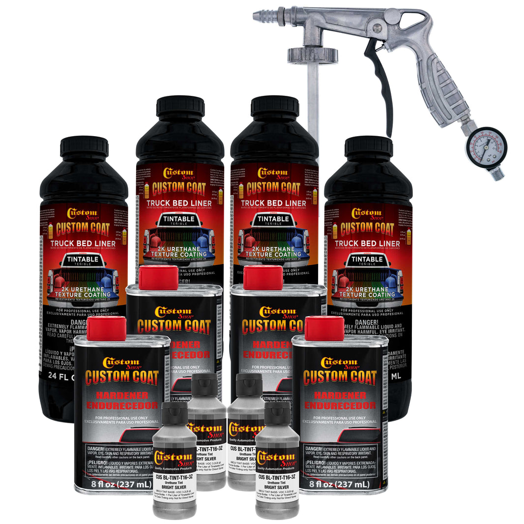Bright Silver 1 Gallon Urethane Spray-On Truck Bed Liner Kit with Spray Gun and Regulator - Mix, Shake & Shoot - Durable Textured Protective Coating