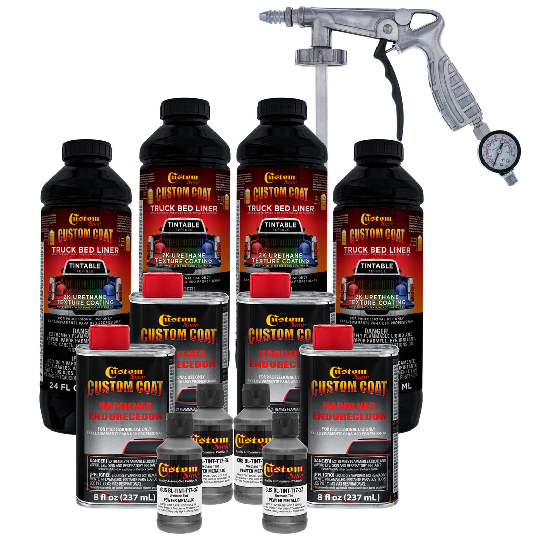 Pewter Metallic 1 Gallon Urethane Spray-On Truck Bed Liner Kit with Spray Gun and Regulator - Mix, Shake & Shoot - Durable Textured Protective Coating