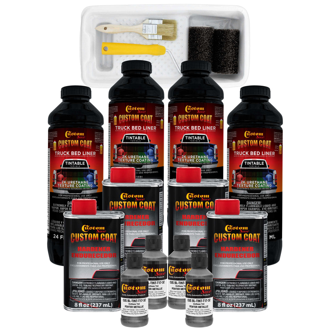 Pewter Metallic 1 Gallon Urethane Roll-On, Brush-On or Spray-On Truck Bed Liner Kit with Roller and Brush Applicator Kit - Textured Protective Coating