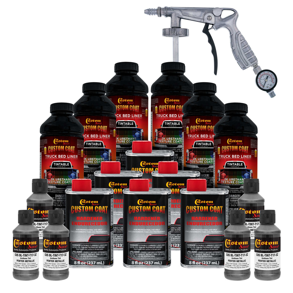 Pewter Metallic 1.5 Gallon (6 Quart) Urethane Spray-On Truck Bed Liner Kit, Spray Gun & Regulator - Mix, Shake & Shoot - Textured Protective Coating