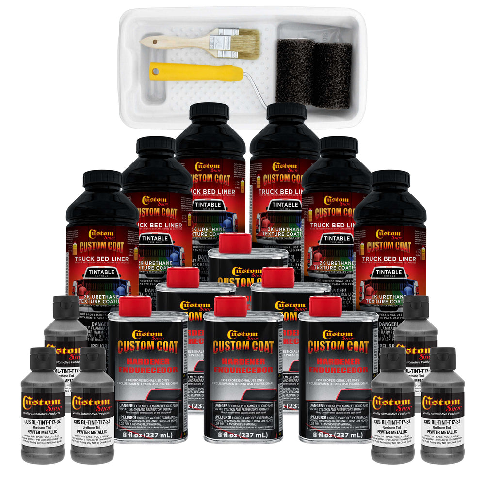 Pewter Metallic 1.5 Gallon (6 Quart) Urethane Roll-On, Brush-On or Spray-On Truck Bed Liner Kit with Roller & Brush Applicator Kit - Textured Coating