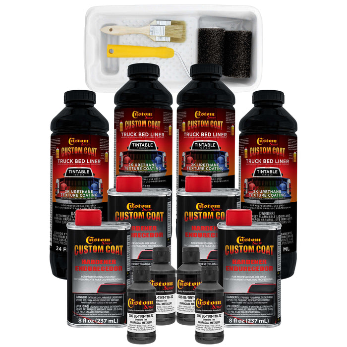 Charcoal Metallic 1 Gallon Urethane Roll-On, Brush-On or Spray-On Truck Bed Liner Kit, Roller and Brush Applicator Kit - Textured Protective Coating