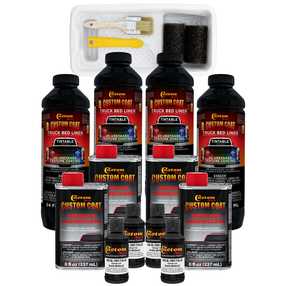 Black Metallic 1 Gallon Urethane Roll-On, Brush-On or Spray-On Truck Bed Liner Kit with Roller and Brush Applicator Kit - Textured Protective Coating