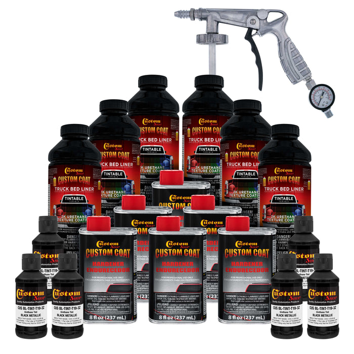 Black Metallic 1.5 Gallon (6 Quart) Urethane Spray-On Truck Bed Liner Kit with Spray Gun & Regulator - Mix Shake & Shoot - Textured Protective Coating
