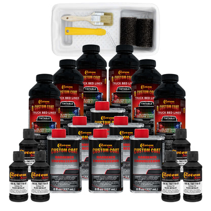 Black Metallic 1.5 Gallon (6 Quart) Urethane Roll-On, Brush-On or Spray-On Truck Bed Liner Kit with Roller and Brush Applicator Kit - Textured Coating