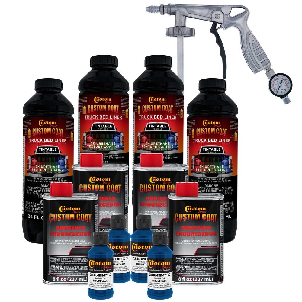 Blue Metallic 1 Gallon Urethane Spray-On Truck Bed Liner Kit with Spray Gun and Regulator - Mix, Shake & Shoot - Durable Textured Protective Coating