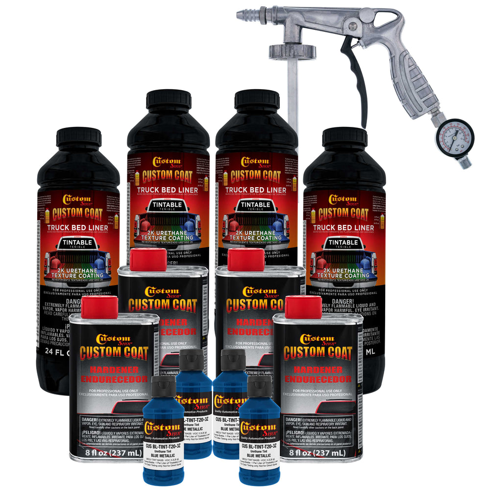 Blue Metallic 1 Gallon Urethane Spray-On Truck Bed Liner Kit with Spray Gun and Regulator - Mix, Shake & Shoot - Durable Textured Protective Coating