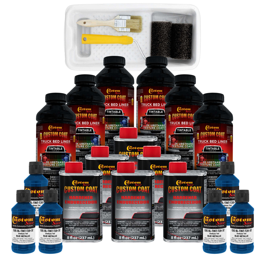 Blue Metallic 1.5 Gallon (6 Quart) Urethane Roll-On, Brush-On or Spray-On Truck Bed Liner Kit with Roller and Brush Applicator Kit - Textured Coating