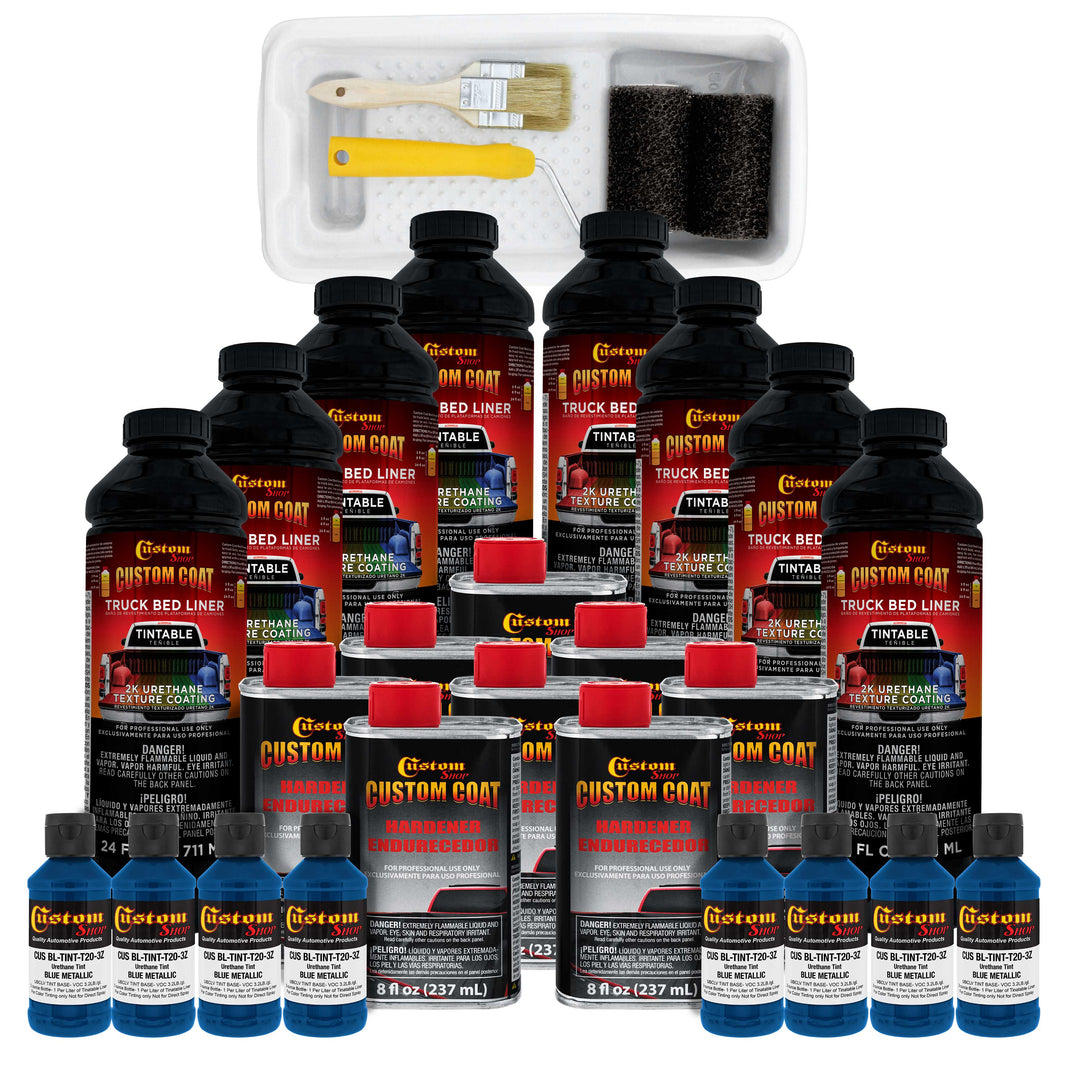 Blue Metallic 2 Gallon Urethane Roll-On, Brush-On or Spray-On Truck Bed Liner Kit with Roller and Brush Applicator Kit - Textured Protective Coating