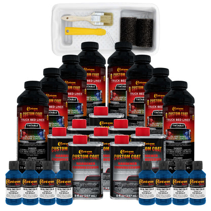Blue Metallic 2 Gallon Urethane Roll-On, Brush-On or Spray-On Truck Bed Liner Kit with Roller and Brush Applicator Kit - Textured Protective Coating