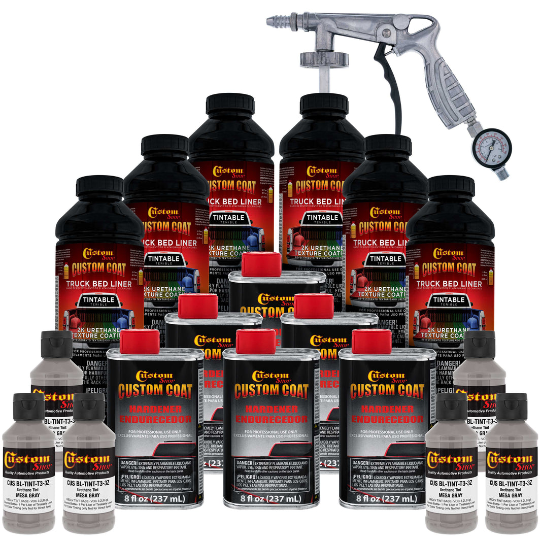 Mesa Gray 1.5 Gallon (6 Quart) Urethane Spray-On Truck Bed Liner Kit with Spray Gun and Regulator - Mix, Shake & Shoot - Textured Protective Coating