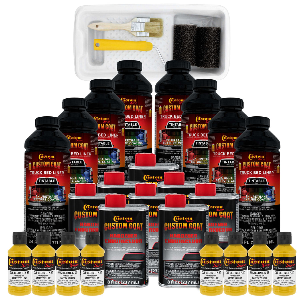 Safety Yellow 2 Gallon Urethane Roll-On, Brush-On or Spray-On Truck Bed Liner Kit with Roller and Brush Applicator Kit - Textured Protective Coating