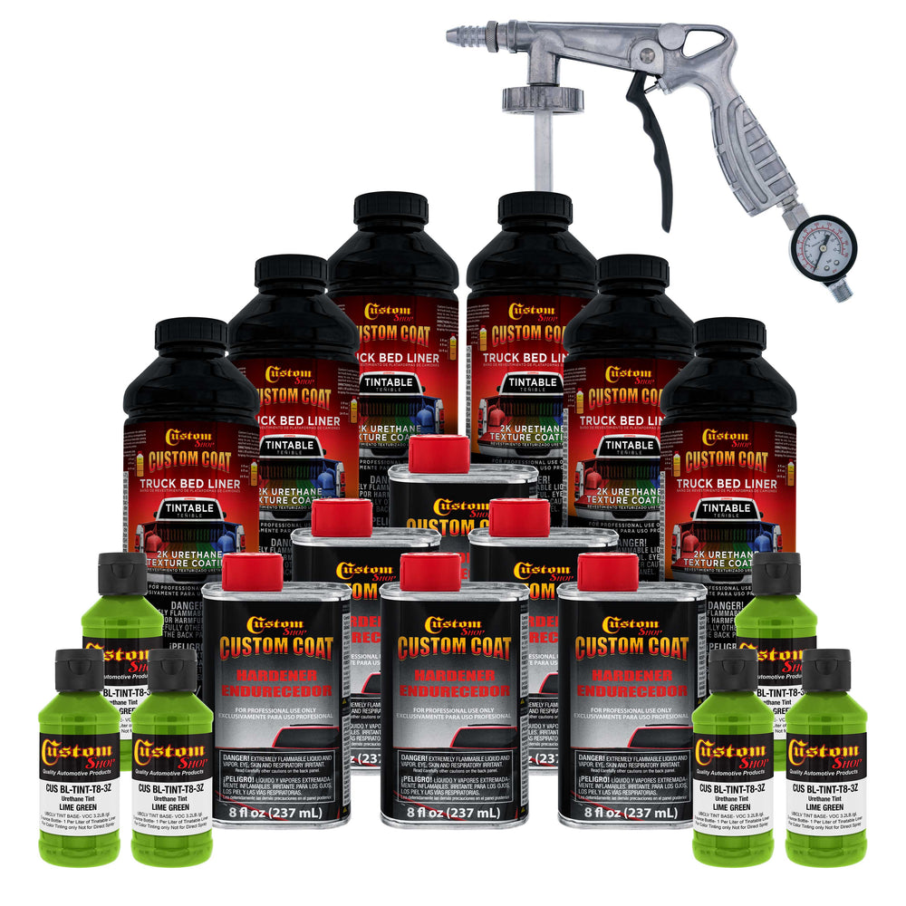 Lime Green 1.5 Gallon (6 Quart) Urethane Spray-On Truck Bed Liner Kit with Spray Gun and Regulator - Mix, Shake & Shoot - Textured Protective Coating