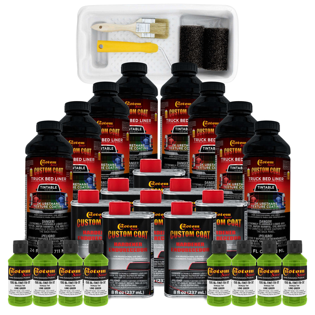 Lime Green 2 Gallon Urethane Roll-On, Brush-On or Spray-On Truck Bed Liner Kit with Roller and Brush Applicator Kit - Textured Protective Coating