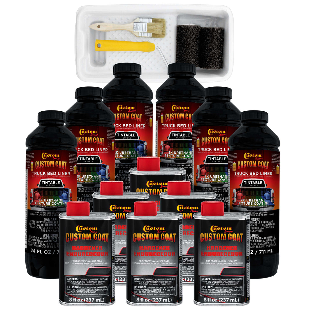 Tintable Base Only 1.5 Gallon (6 Quart) Urethane Roll-On, Brush-On or Spray-On Truck Bed Liner Kit, Roller and Brush Applicator Kit - Textured Coating