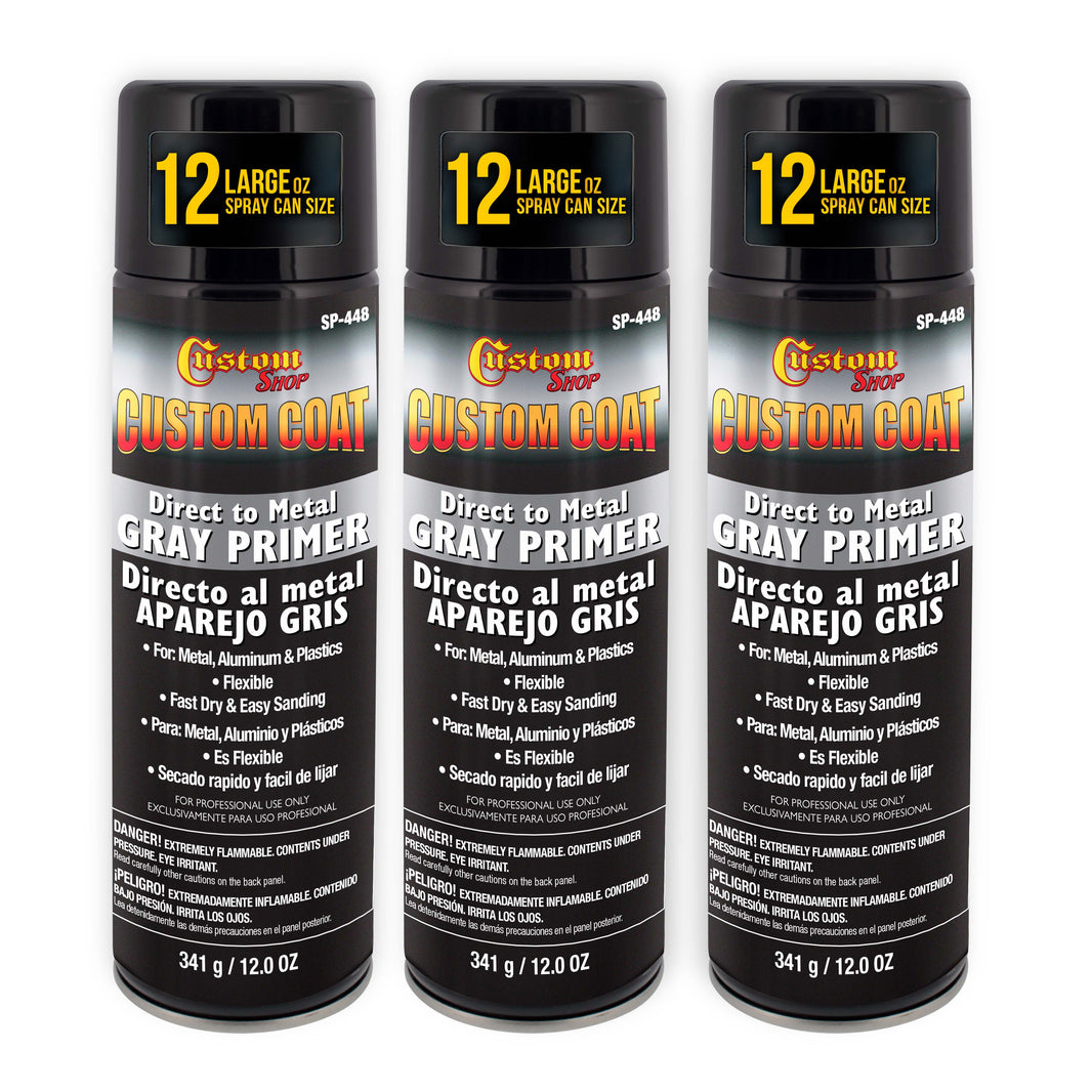 1K High Build Primer Spray Paint (3 Pack) - 12 Oz Grey - Automotive Sandable Primer for Metal, Plastic, Fiberglass - Direct to Metal - Easy Sanding