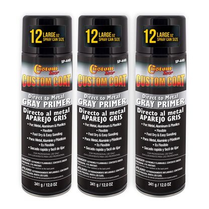 1K High Build Primer Spray Paint (3 Pack) - 12 Oz Grey - Automotive Sandable Primer for Metal, Plastic, Fiberglass - Direct to Metal - Easy Sanding