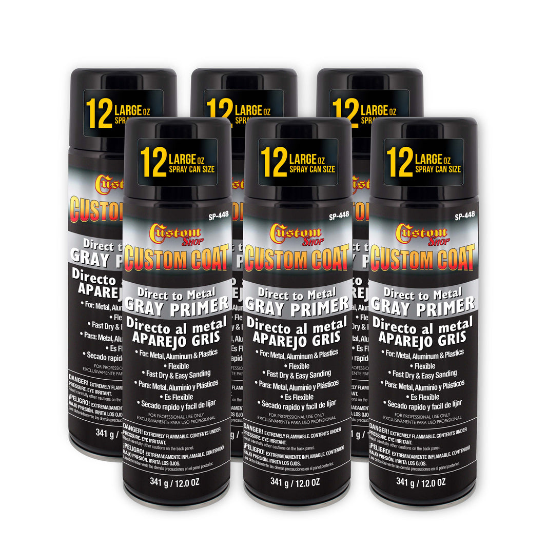 1K High Build Primer Spray Paint (6 Pack) - 12 Oz Grey - Automotive Sandable Primer for Metal, Plastic, Fiberglass - Direct to Metal - Easy Sanding