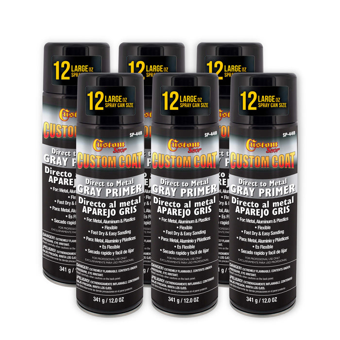 1K High Build Primer Spray Paint (6 Pack) - 12 Oz Grey - Automotive Sandable Primer for Metal, Plastic, Fiberglass - Direct to Metal - Easy Sanding for Auto Paint
