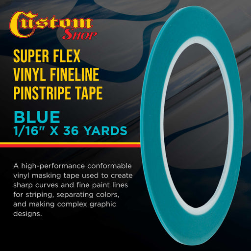 Vinyl Fineline Pinstripe Tape, Blue 1/16" x 36 Yard Roll - Create Sharp Graphic Design Curves, Mask Fine Lines, Conformable Paint Masking Striping Tape for Auto, Motorcycle, Flame Painting