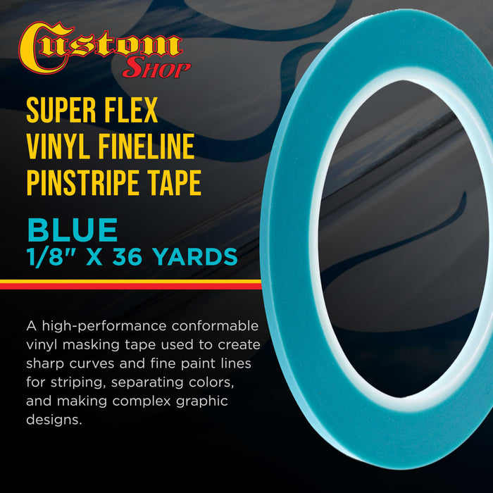 Vinyl Fineline Pinstripe Tape, Blue 1/8" x 36 Yard Roll - Create Sharp Graphic Design Curves, Mask Fine Lines, Conformable Paint Masking Striping Tape for Auto, Motorcycle, Flame Painting