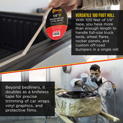 Professional Bedliner Wire Edge Tape, 1/4" x 100ft Roll - Precision Metal Cutting Filament for Spray-On Truck Liners, Vinyl Car Wraps & Thick