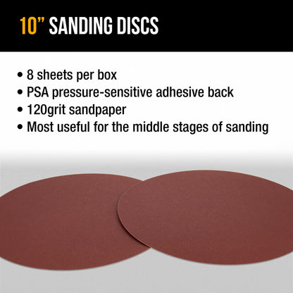 Premium 10" PSA Sanding Discs - 120 Grit (Box of 8) - Sandpaper Discs with Self Adhesive, Fast Cutting Aluminum Oxide, Drywall, Floor, Wood