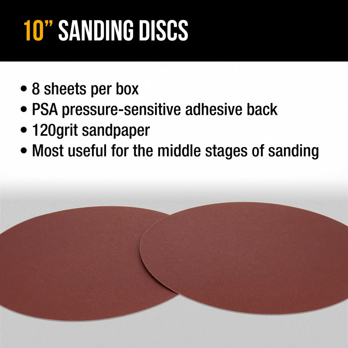 Dura-Gold Premium 10" PSA Sanding Discs - 120 Grit (Box of 8) - Sandpaper Discs with Self Adhesive, Fast Cutting Aluminum Oxide, Drywall, Floor, Wood