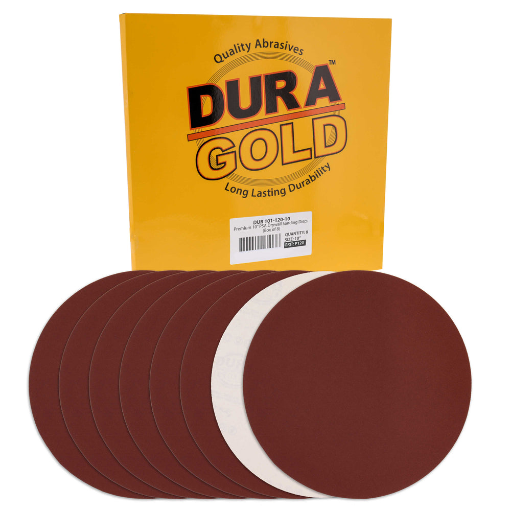 Dura-Gold Premium 10" PSA Sanding Discs - 120 Grit (Box of 8) - Sandpaper Discs with Self Adhesive, Fast Cutting Aluminum Oxide, Drywall, Floor, Wood